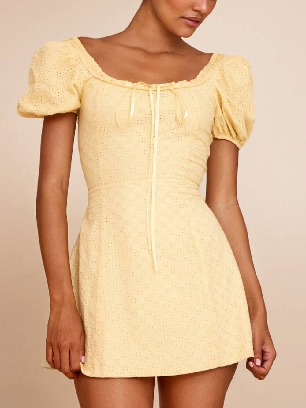 Pretty Little Thing Yellow Eyelet Cotton Puff Sleeve A-Line Mini Dress Petite